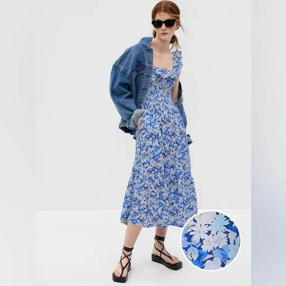 GAP Floral Ruffle Sleeve Midi Dress Medium NWOT - Picture 2 of 9